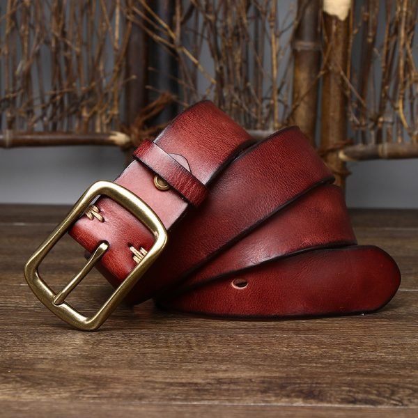 Men's Cowhide Vintage Distressed Pleated Brass Buckle Belt