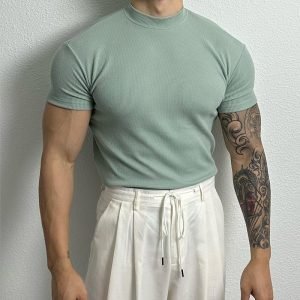 Men's American-style Pure Color Half Collar Thread Stretch T-shirt Top