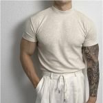 Men's American-style Pure Color Half Collar Thread Stretch T-shirt Top