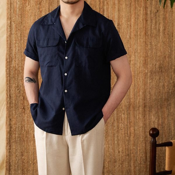 Men's Short-sleeved Summer Cotton And Linen Cuban Collar Shirt