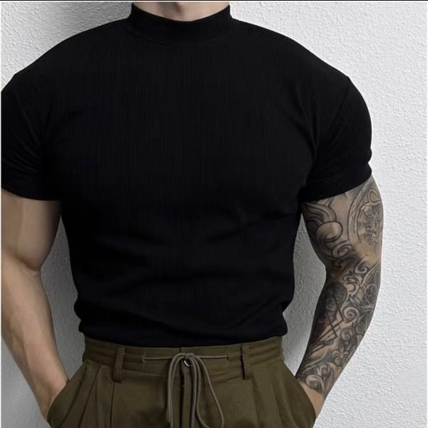 Men's American-style Pure Color Half Collar Thread Stretch T-shirt Top